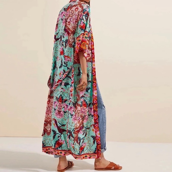 Colorful Red Mint Peacock Floral Bohemian Boho Duster Wrap Kimono Coverup Robe - Picture 2 of 11